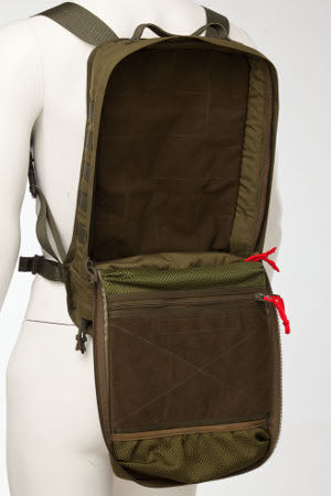 Trauma Bag 112 in military green, shown open, highlighting compartments, available on USMIH Grid with card and Bitcoin payments.