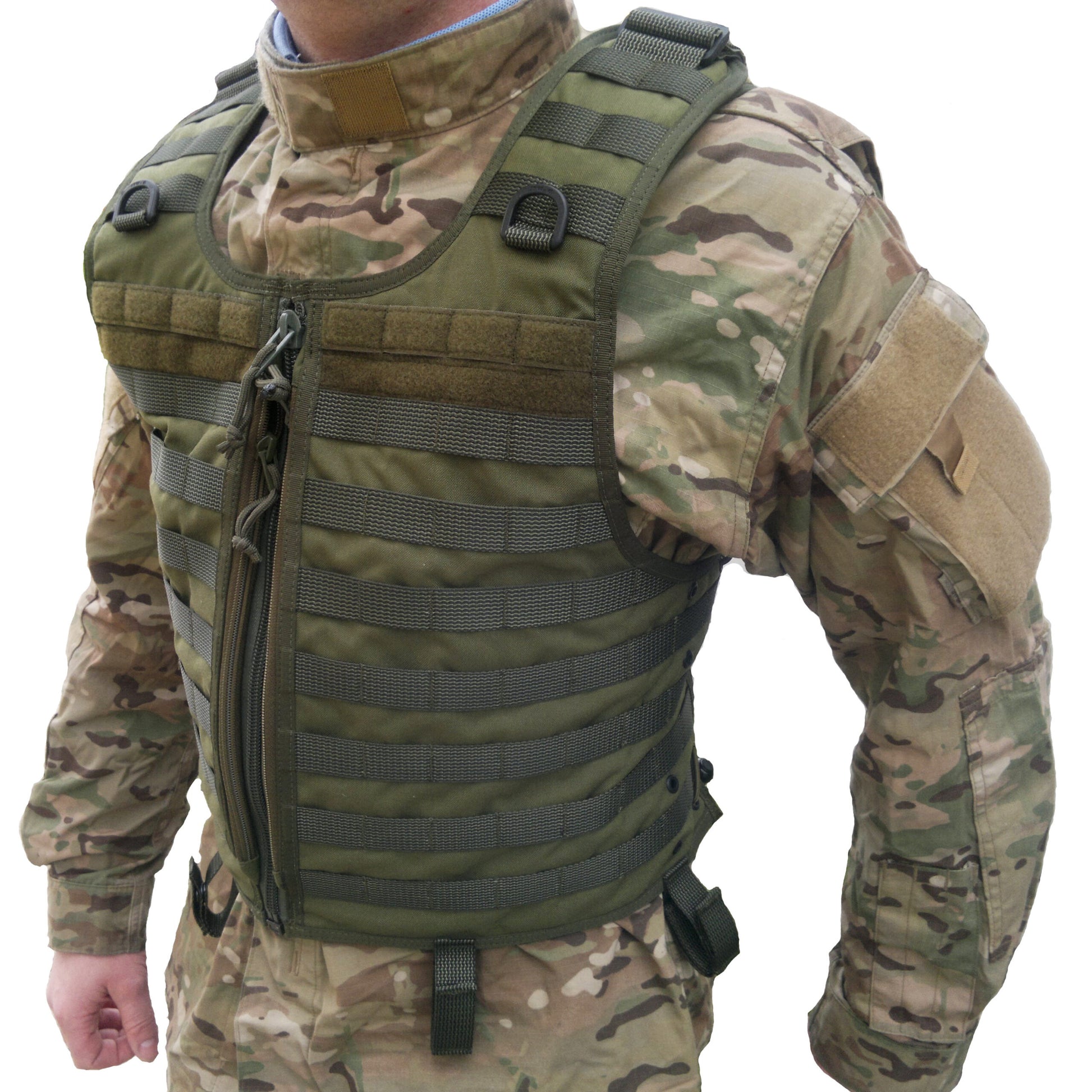 Military green tactical vest 115-056-03 with MOLLE system, featuring USMIH Grid for versatile gear attachment.