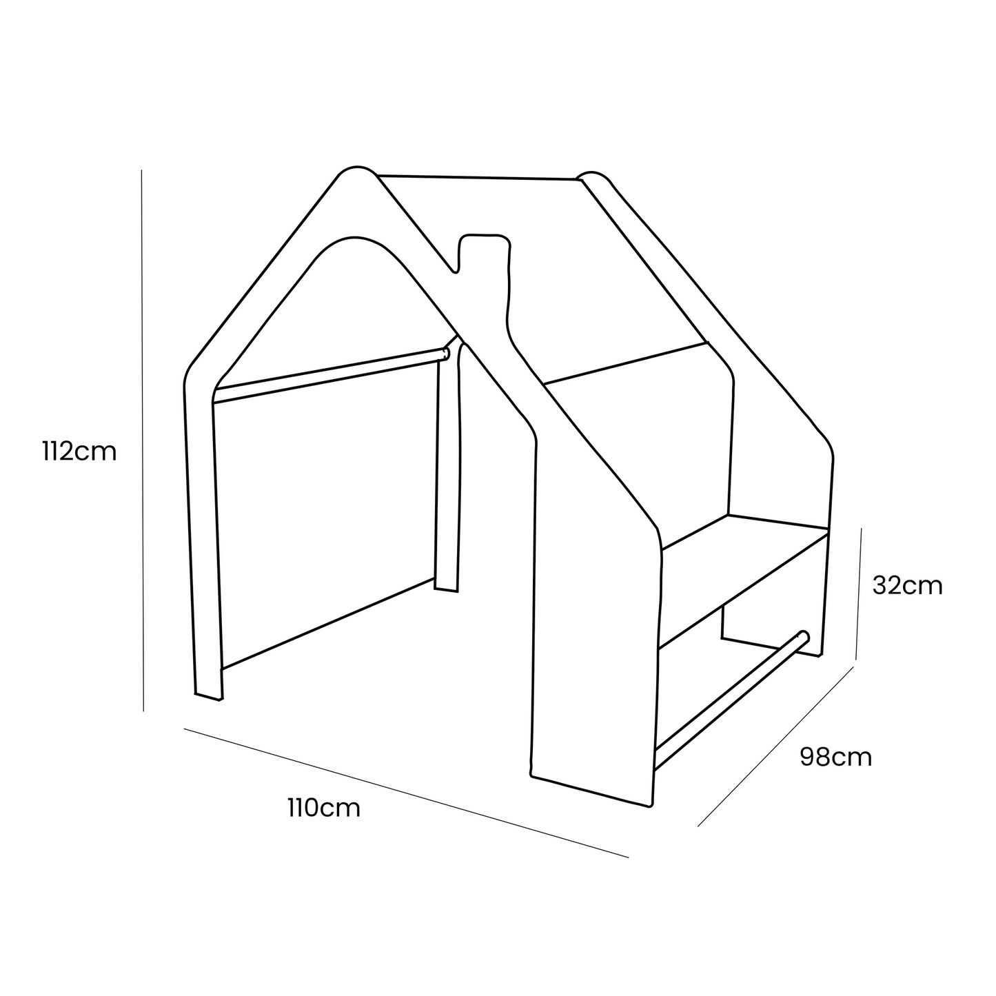 MeowBaby Wooden House dimensions sketch, featuring 112cm height, 110cm width, and 98cm depth, with a stylish, modern design.