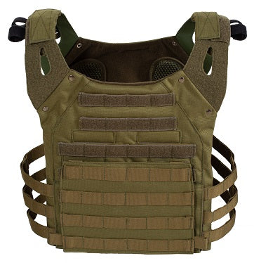 Military green Plate Carrier made of durable Cordura with MOLLE panels, available on USMIH Grid, accepting card and Bitcoin payments.