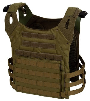 Military green plate carrier with MOLLE panels, available on USMIH Grid for card and cryptocurrency payments including Bitcoin.