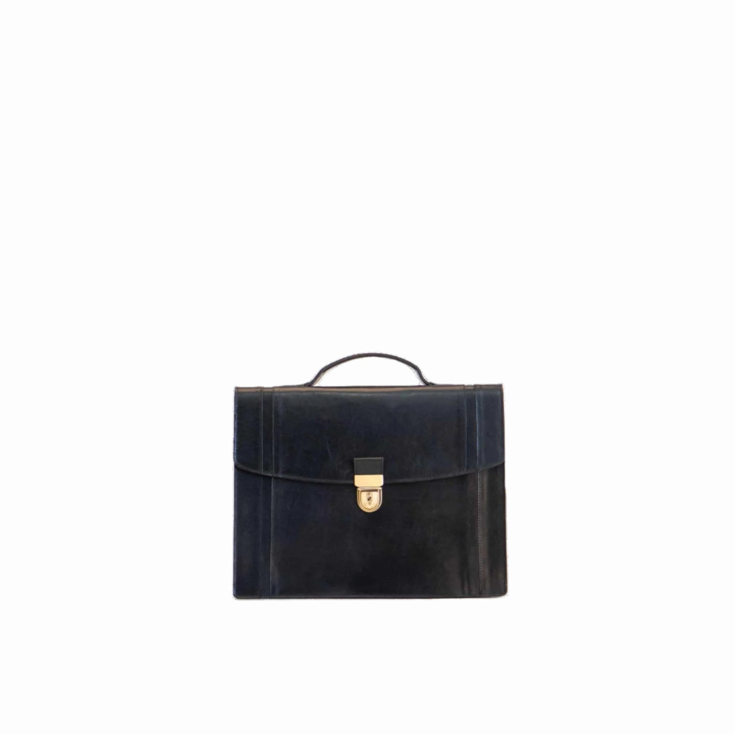 Black leather briefcase No. 21 with a minimalist design, spacious main compartment, and A4-sized back zip pocket for documents.