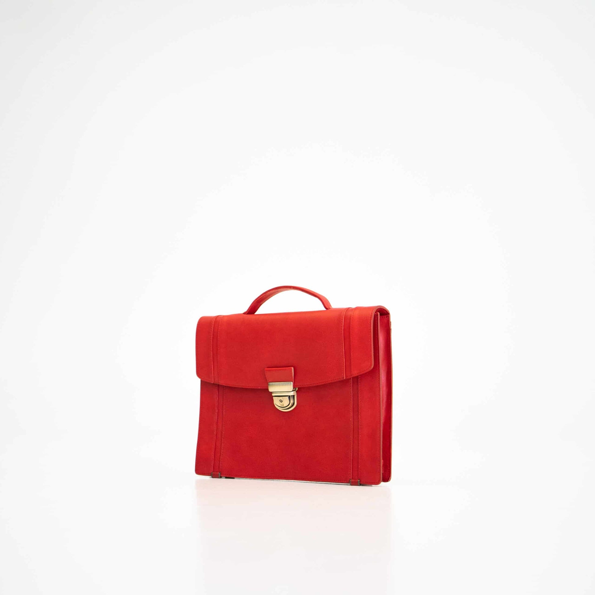 Red genuine leather briefcase No. 21, slim and lightweight design from Estonia, with a top handle and secure clasp.