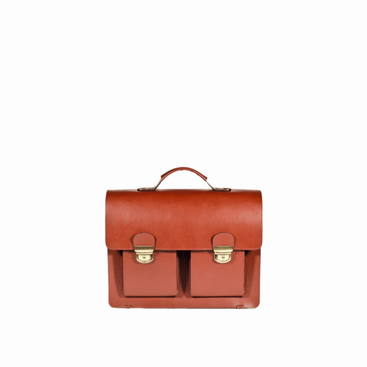 Cognac leather Briefcase No. 35 with secure gold clasps and spacious pockets, designed for laptops and notebooks