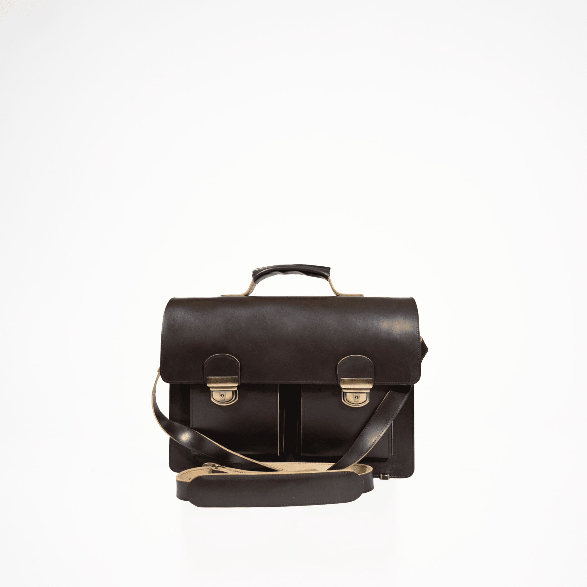 Dark brown Briefcase No. 35 made of durable leather, featuring compartments for laptop and notebook, with a sophisticated design.