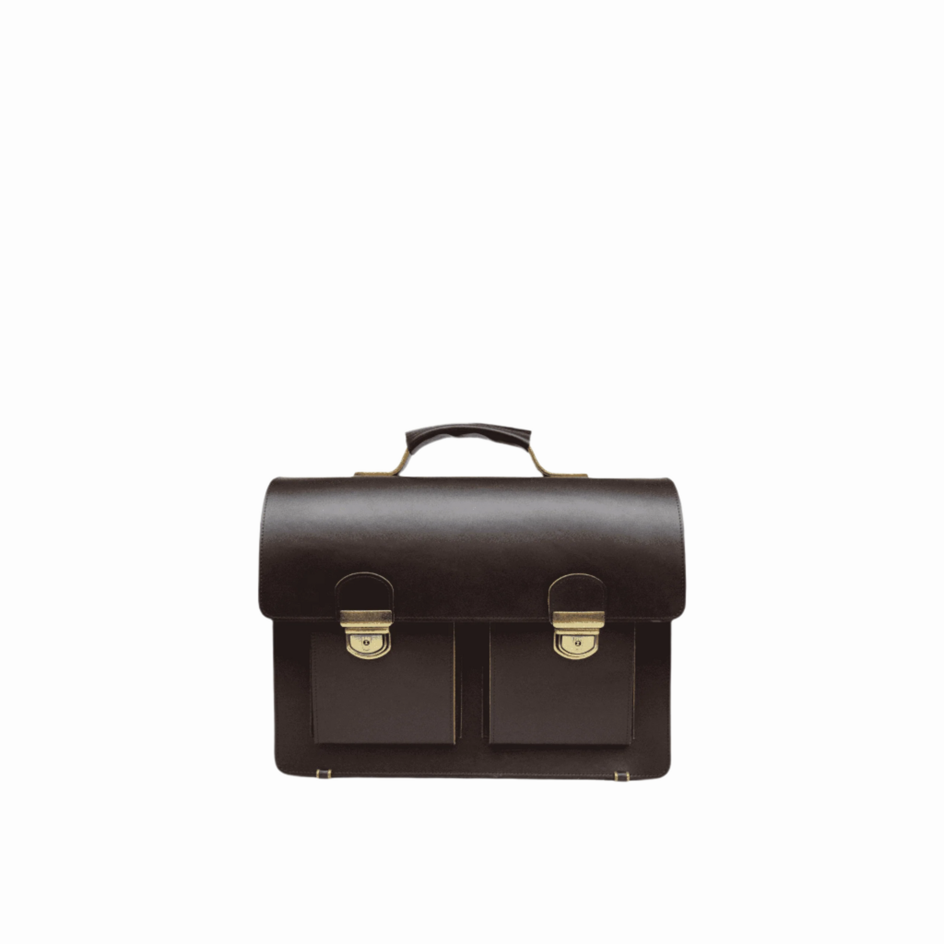 Dark brown leather Briefcase No. 35 with brass hardware, featuring a laptop compartment and space for a notebook or iPad.