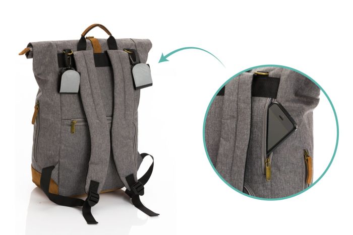 Fillikid Diaper Backpack Berlin with magnetic roll-top and zipper access, available on USMIH Grid for card and Bitcoin payments.