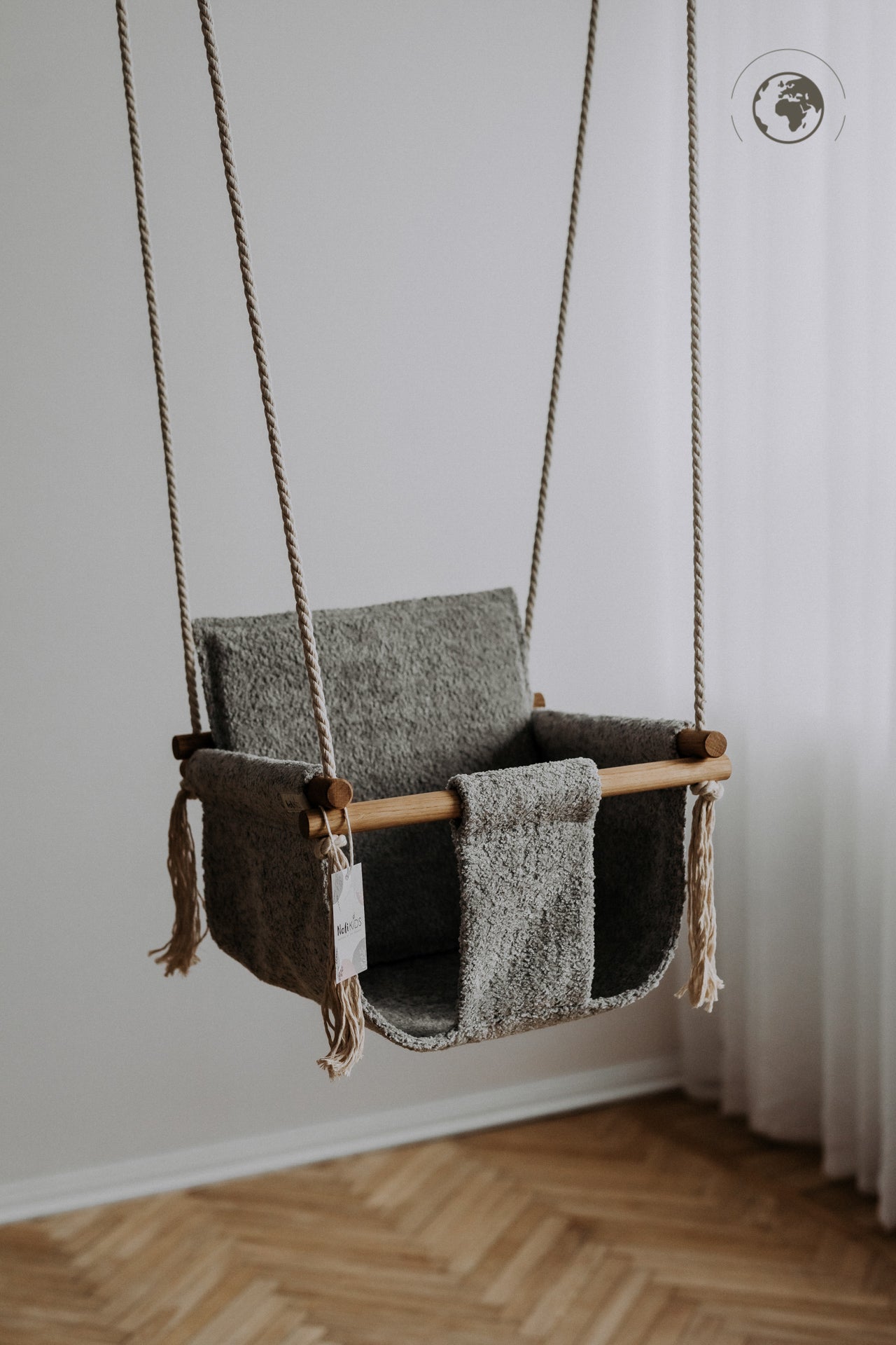 BaBi Baby Swing in Bouclé Stone Grey made from recycled plastic, displayed on USMIH Grid with card and cryptocurrency payment options.