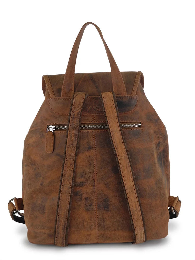 Brown Nabo Leather Backpack NK 1910 with adjustable straps and back zip pocket, vintage style genuine leather.