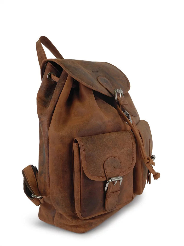 Vintage style Nabo Leather Backpack NK 1910 in brown with front snap pockets, adjustable straps, and genuine leather material.