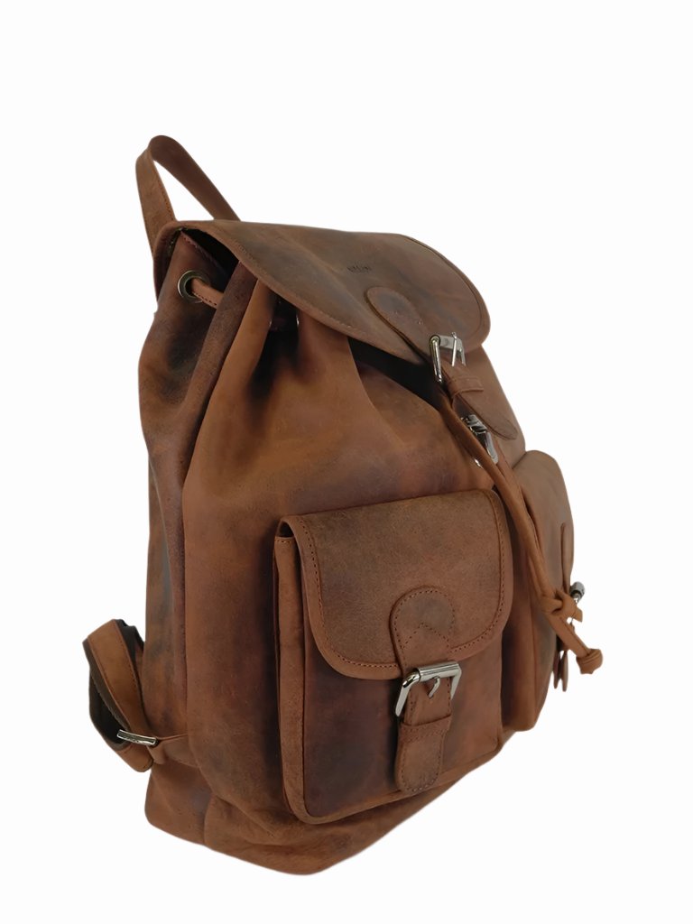 Vintage style NK 1910 brown leather backpack with adjustable straps and front snap pockets.