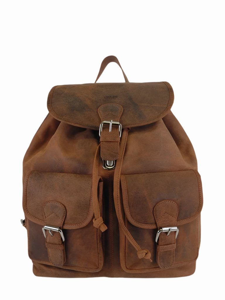 Vintage style Nabo Leather Backpack NK 1910 in brown with front snap pockets, adjustable straps, and genuine leather material.