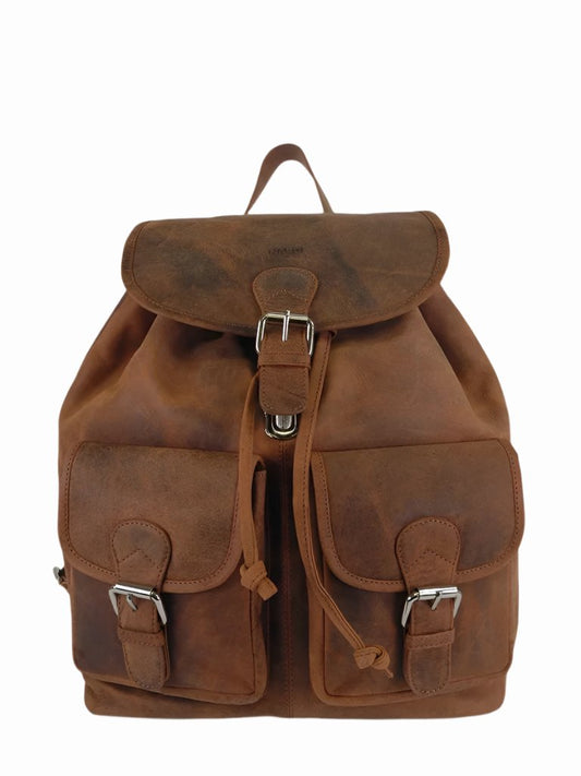 Brown Nabo Leather Backpack NK 1910 with vintage style, genuine leather, adjustable straps, front snap pockets, and quick-release buckle.