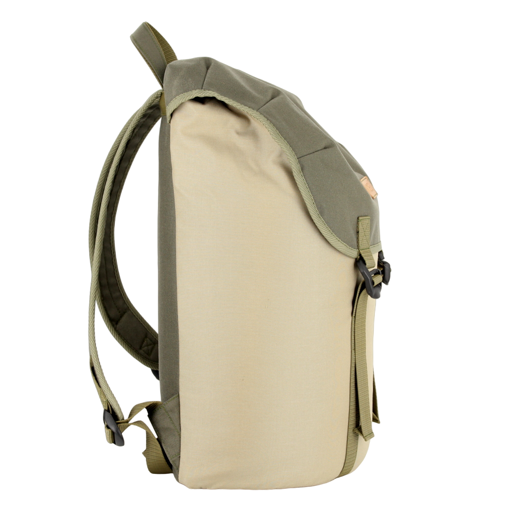 Beige Cafe Backpack by Matrix Pro with G-Hook and USMIH Grid, 18L waterproof Cordura material, side view.