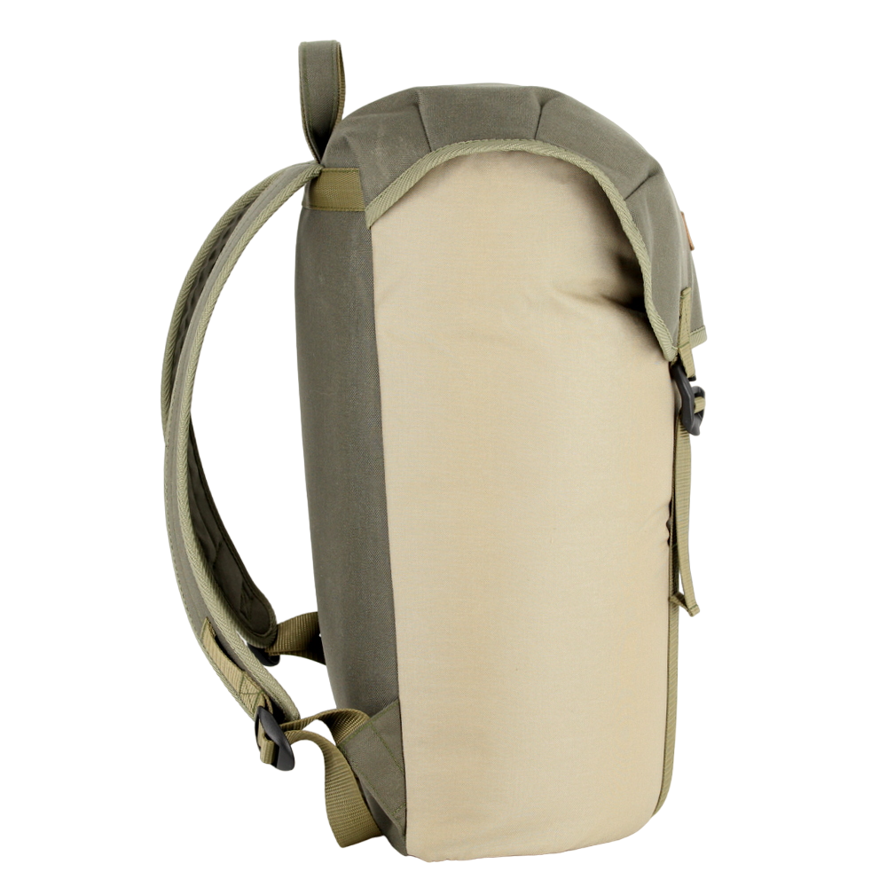 Beige Cafe Backpack with G-Hook by Matrix Pro, featuring durable waterproof Cordura and USMIH Grid, side view showing strap and design.