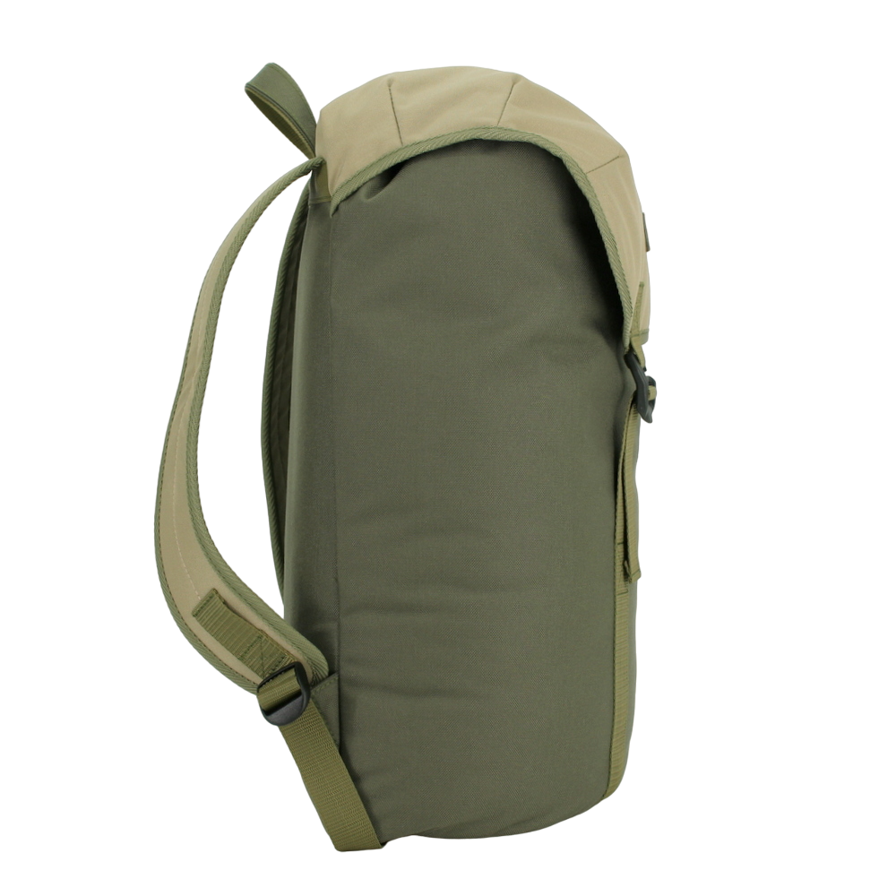 Khaki & Beige Cafe Backpack by Matrix Pro, side view, waterproof Cordura material, available on USMIH Grid with card and cryptocurrency payments.