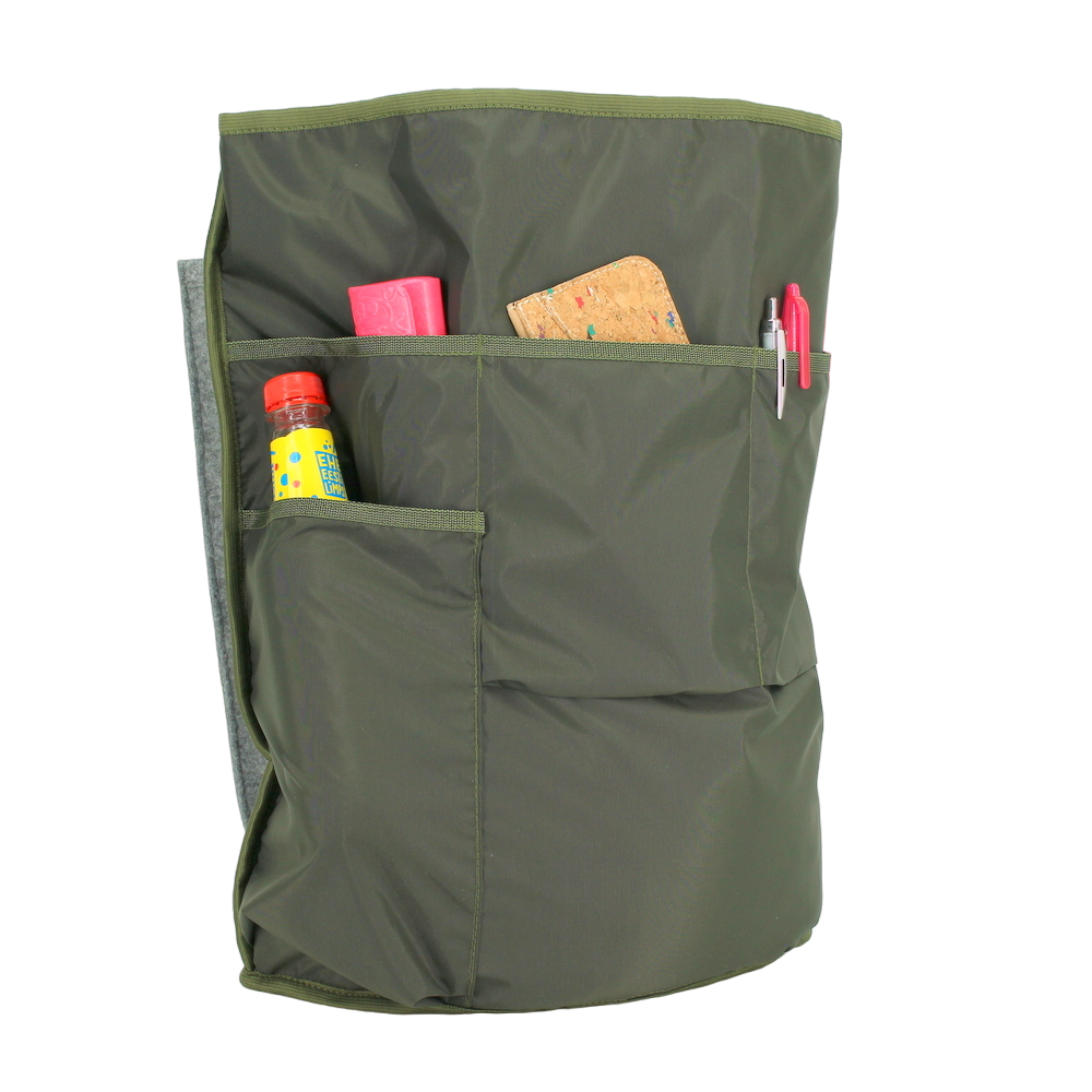 Olive green backpack interior with multiple pockets, showcasing organized storage for everyday essentials like notebooks and bottles.