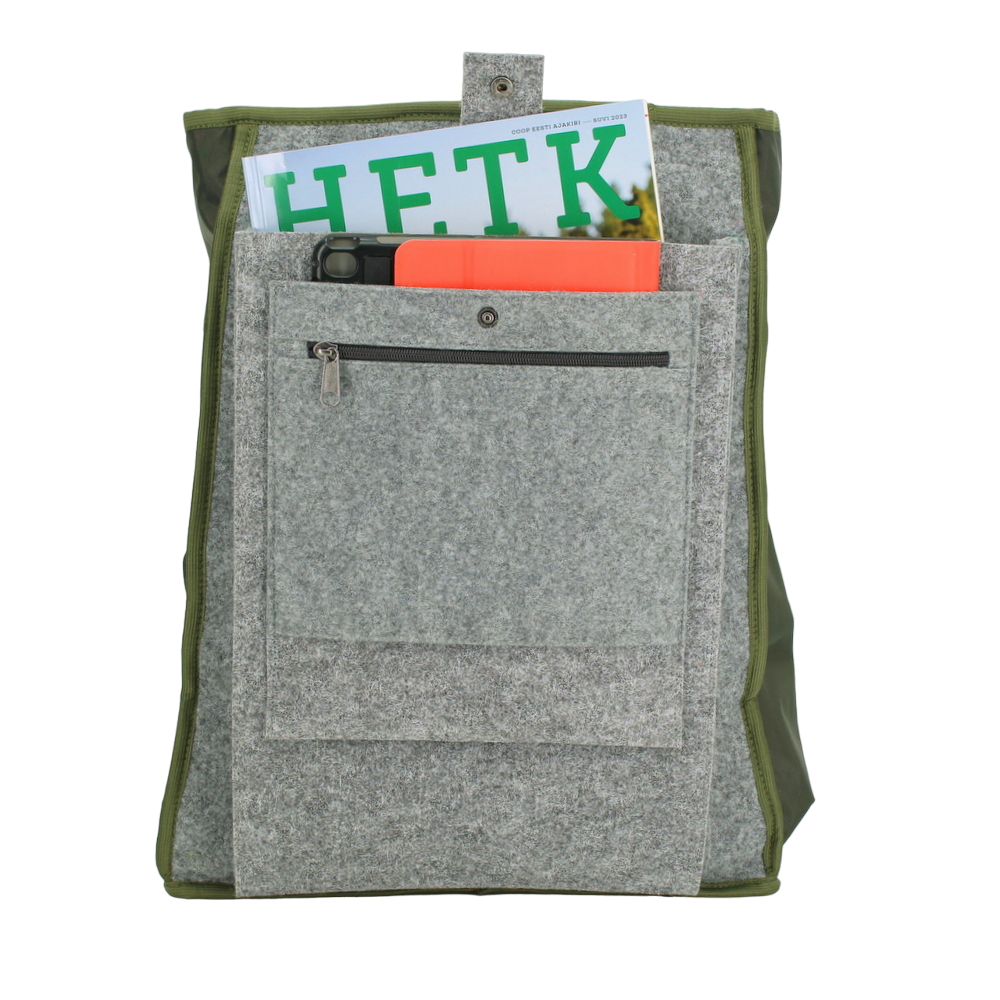 Inside view of khaki Cafe Backpack by Matrix Pro, showcasing compartments with items, available on USMIH Grid, buy with card or cryptocurrency.