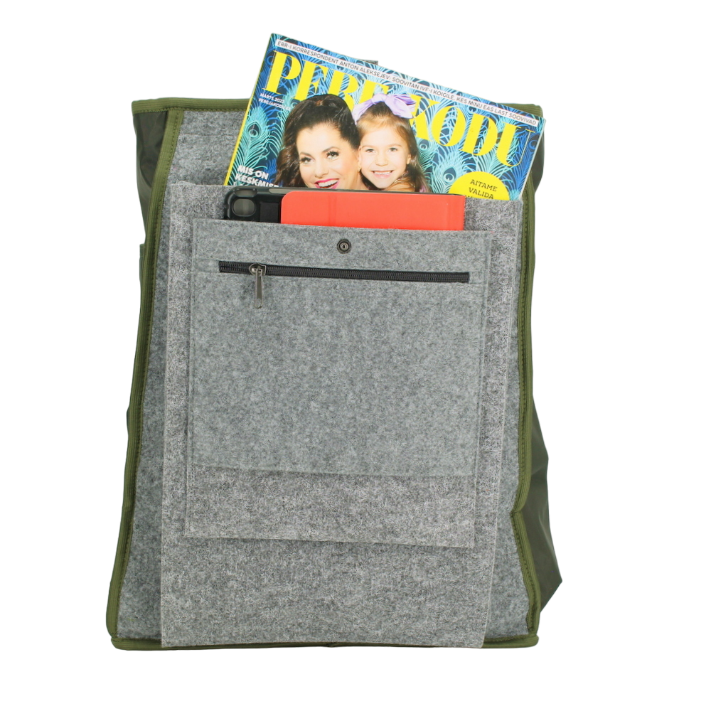 Gray felt backpack interior with magazine, phone, and red tablet in pockets