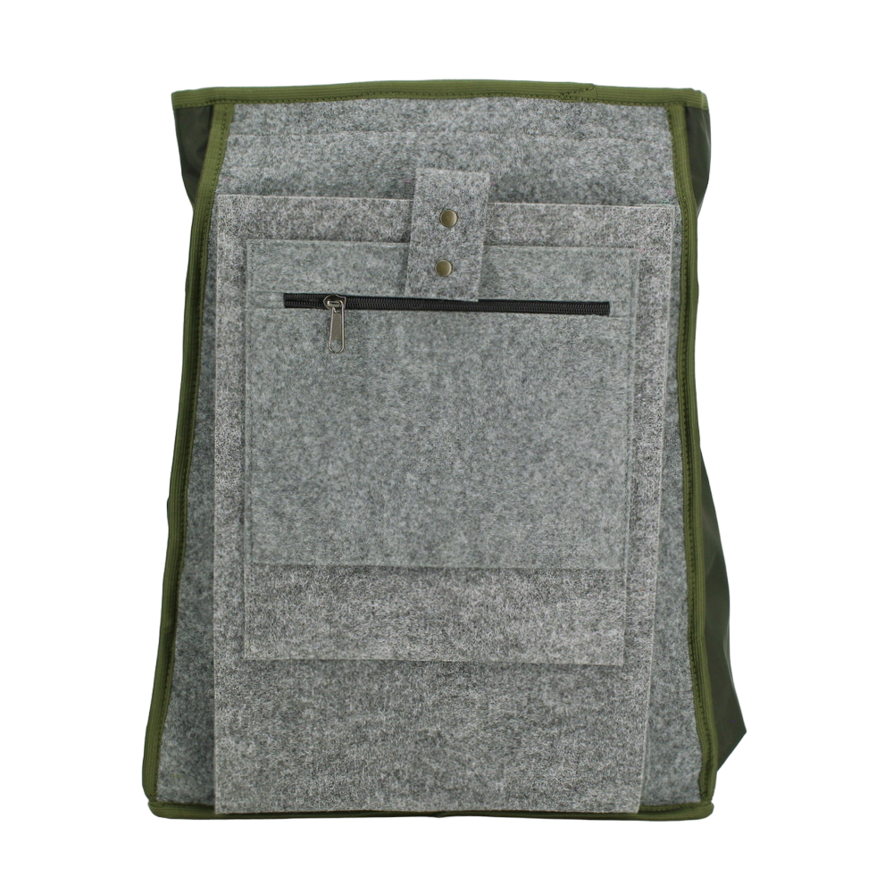 Gray backpack with front pocket and green trim, waterproof Cordura fabric, by Matrix Pro, featuring USMIH Grid and G-Hook.