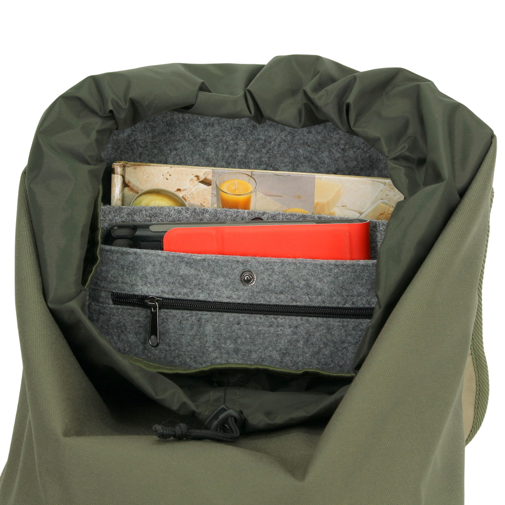 Inside view of khaki Cafe Backpack with G-hook displaying padded laptop pocket, available on USMIH Grid for card and cryptocurrency payments.