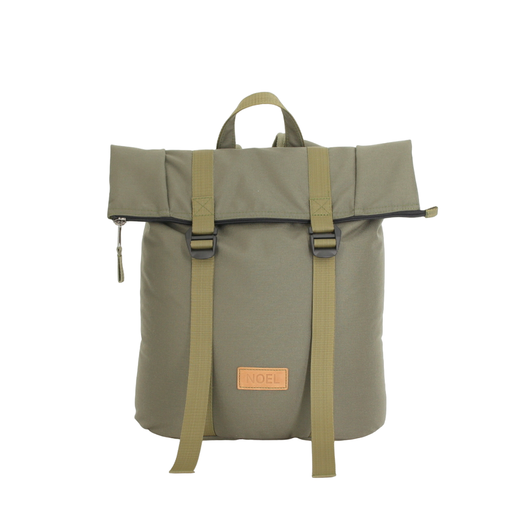 Khaki Zip Backpack with G-Hook, featuring USMIH Grid pattern, padded shoulder straps, and multiple compartments for laptops and essentials.