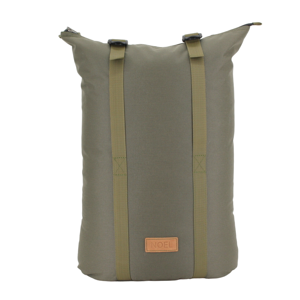 Khaki Zip Backpack with G-Hook Buckles featuring USMIH Grid design, showing sturdy straps and a spacious main compartment.