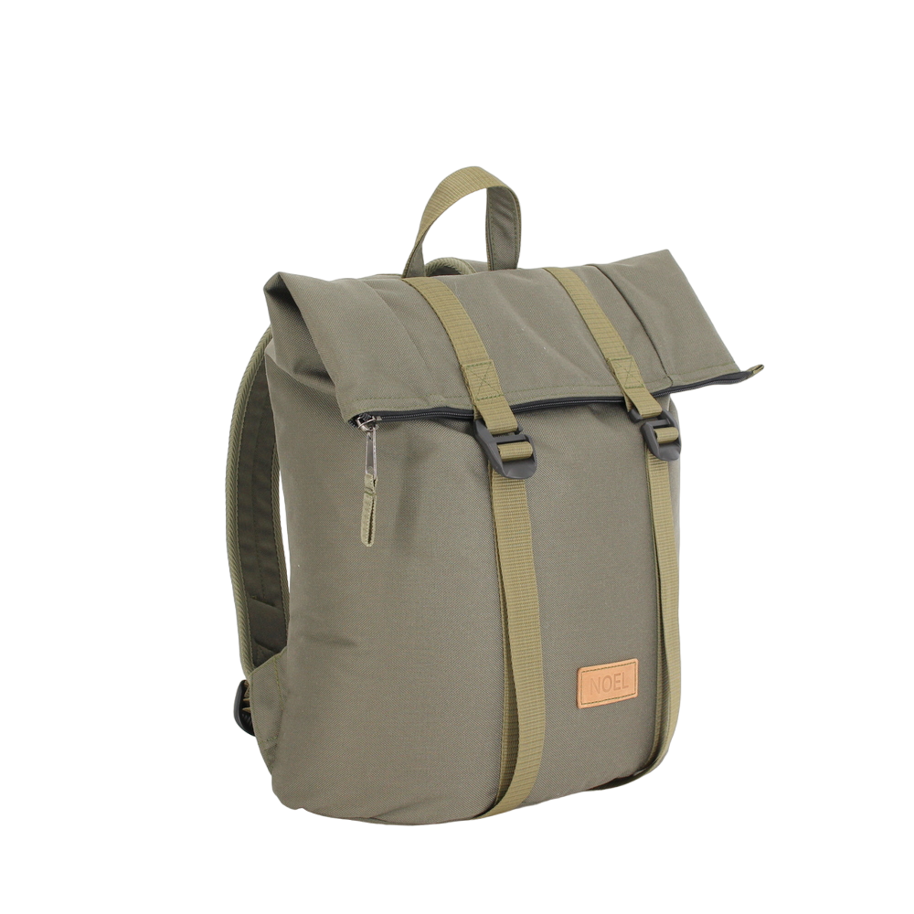 Khaki zip backpack with G-hook buckles, featuring USMIH Grid, padded laptop compartment, and adjustable straps.