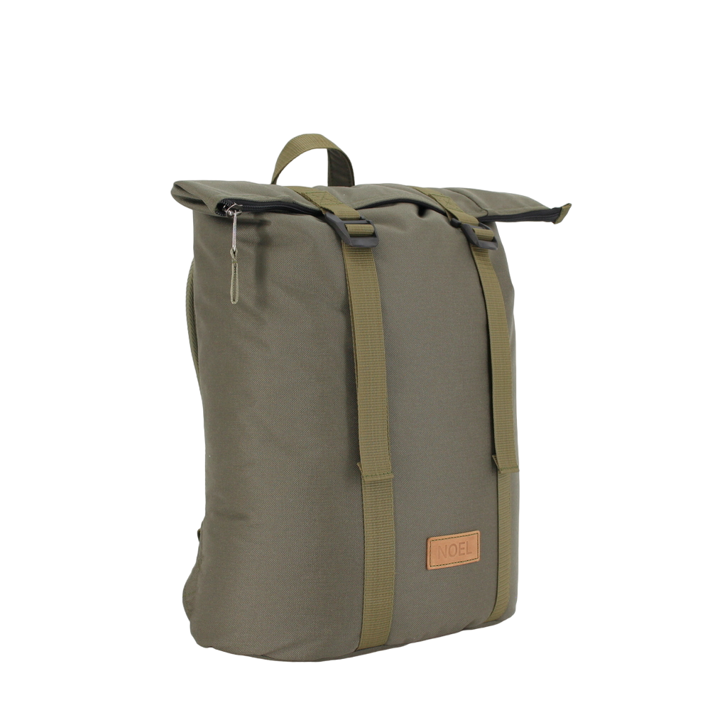 Khaki zip backpack with G-hook buckles and USMIH Grid design, featuring padded laptop compartment and adjustable straps.