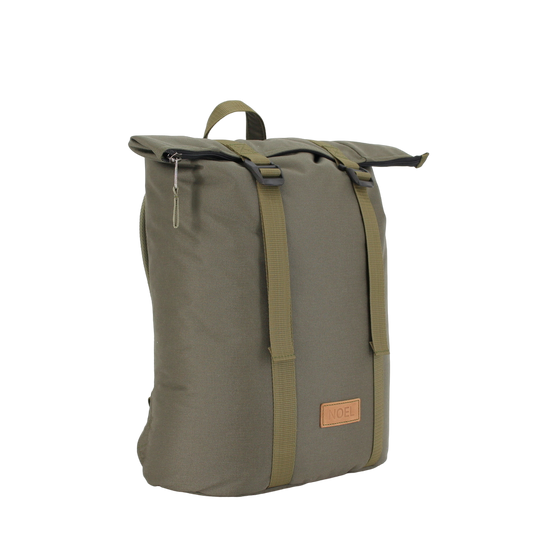 Khaki zip backpack with G-hook buckles and USMIH Grid design, featuring padded laptop compartment and adjustable straps.