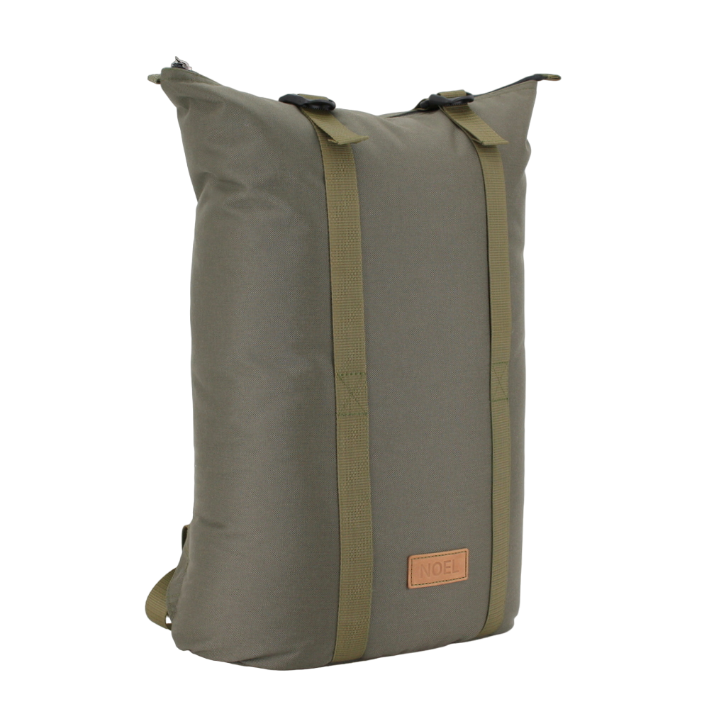 Khaki Zip Backpack with G-Hook and USMIH Grid, featuring padded laptop compartment and adjustable shoulder straps