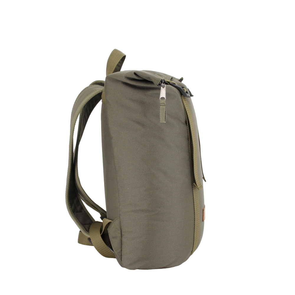 Khaki Zip Backpack with G-Hook, side view, featuring USMIH Grid design and adjustable padded straps for comfort.