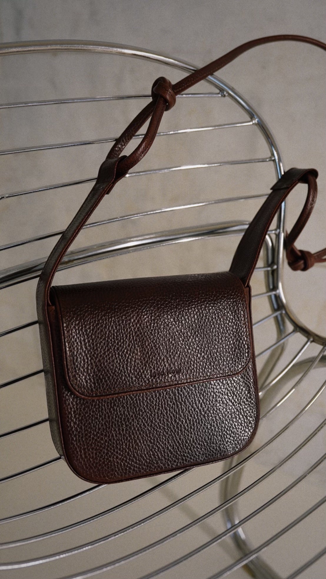 Simple minimalist brown leather crossbody bag MUSA with adjustable strap, perfect stylish gift from exclusive USMIH store.