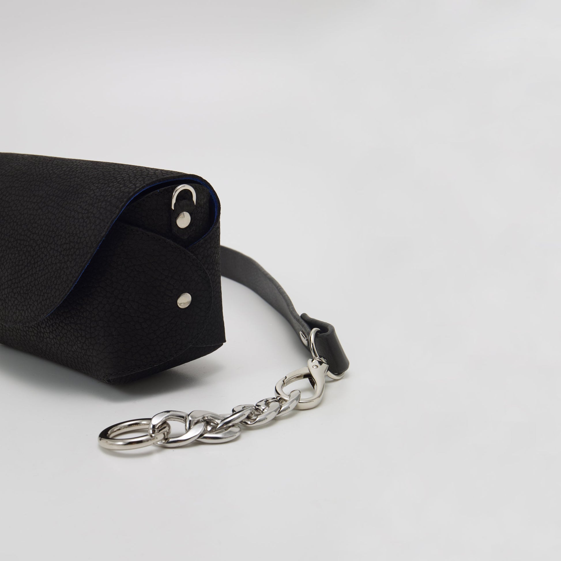 Handmade black leather shoulder bag with silver hardware on USMIH Grid. Buy with card, Bitcoin, or altcoin payments.