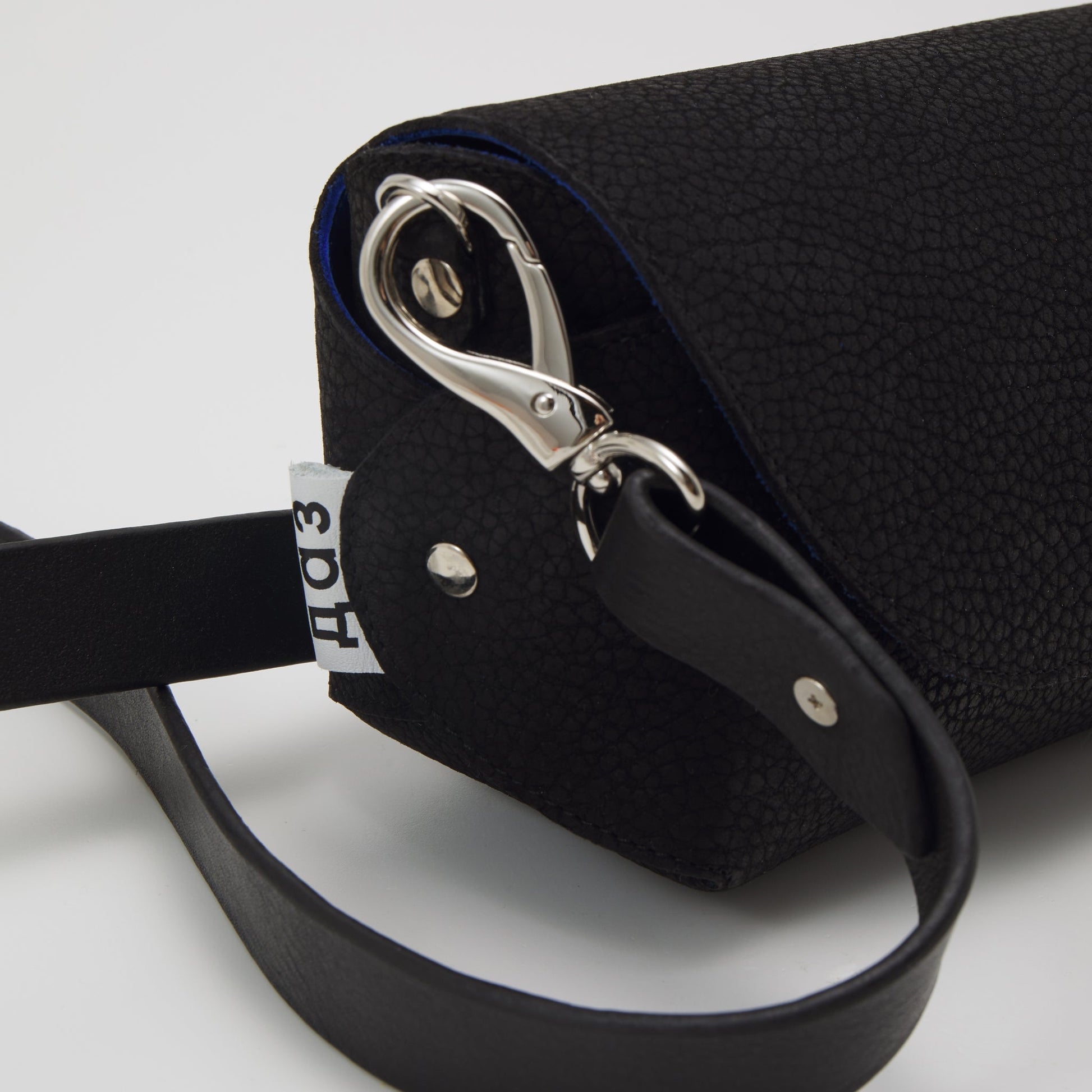 Black handmade leather shoulder bag with silver hardware, shown in USMIH Grid, available for card and Bitcoin payments.