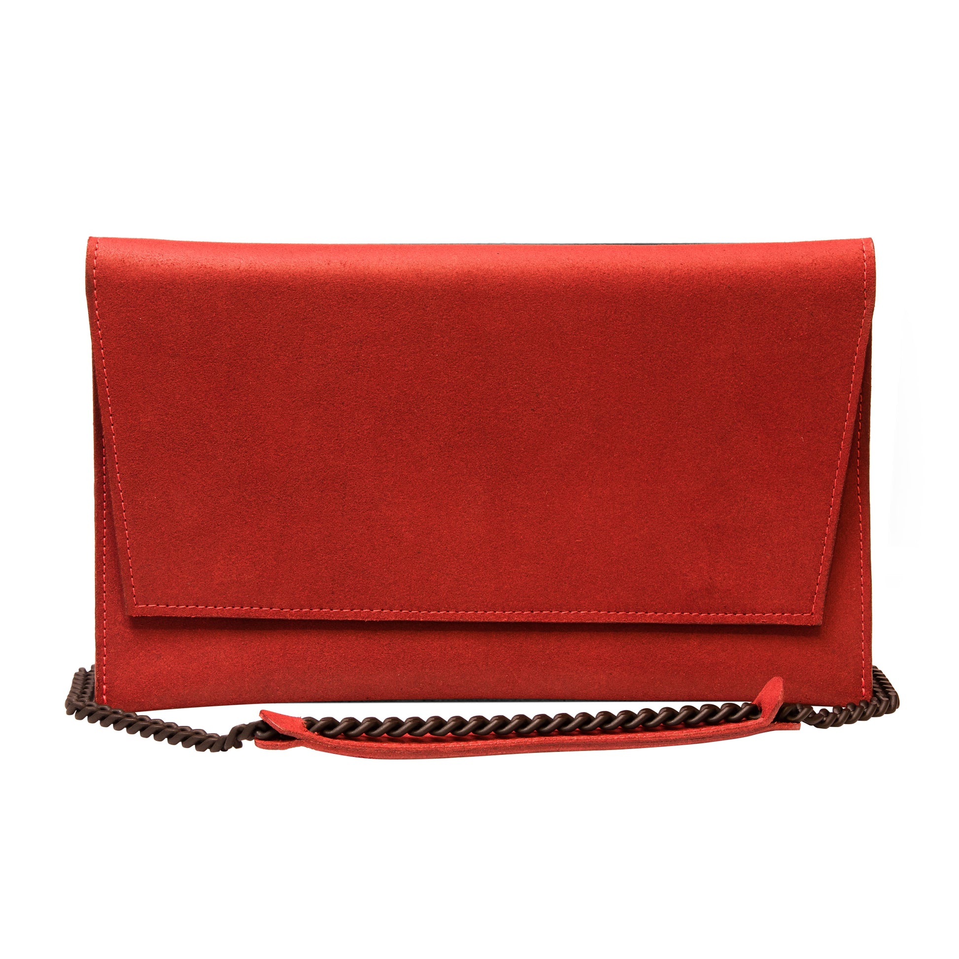 Red matte leather shoulder bag with black chain strap, USMIH Grid style, flap front, handmade in Latvia, elegant and versatile design.