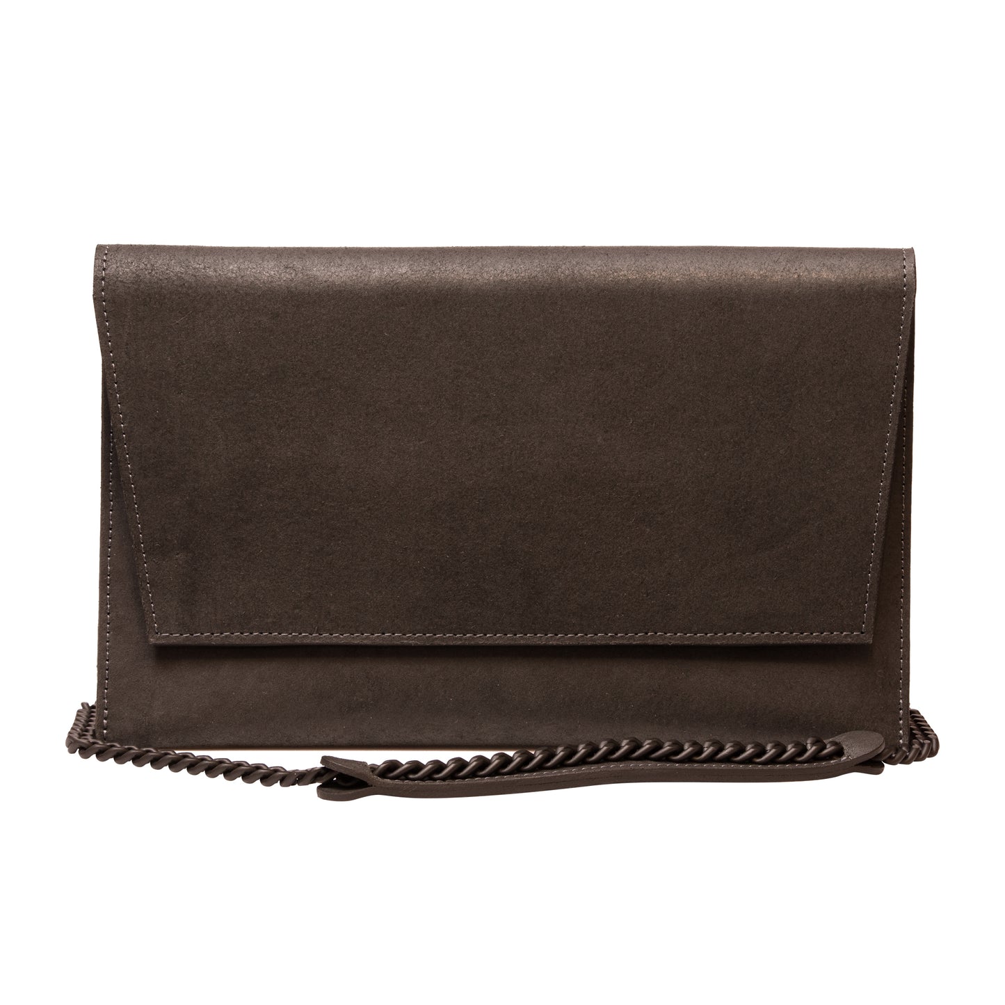 Black matte leather shoulder bag with chain strap and flap front, featuring a sleek design for stylish occasions.