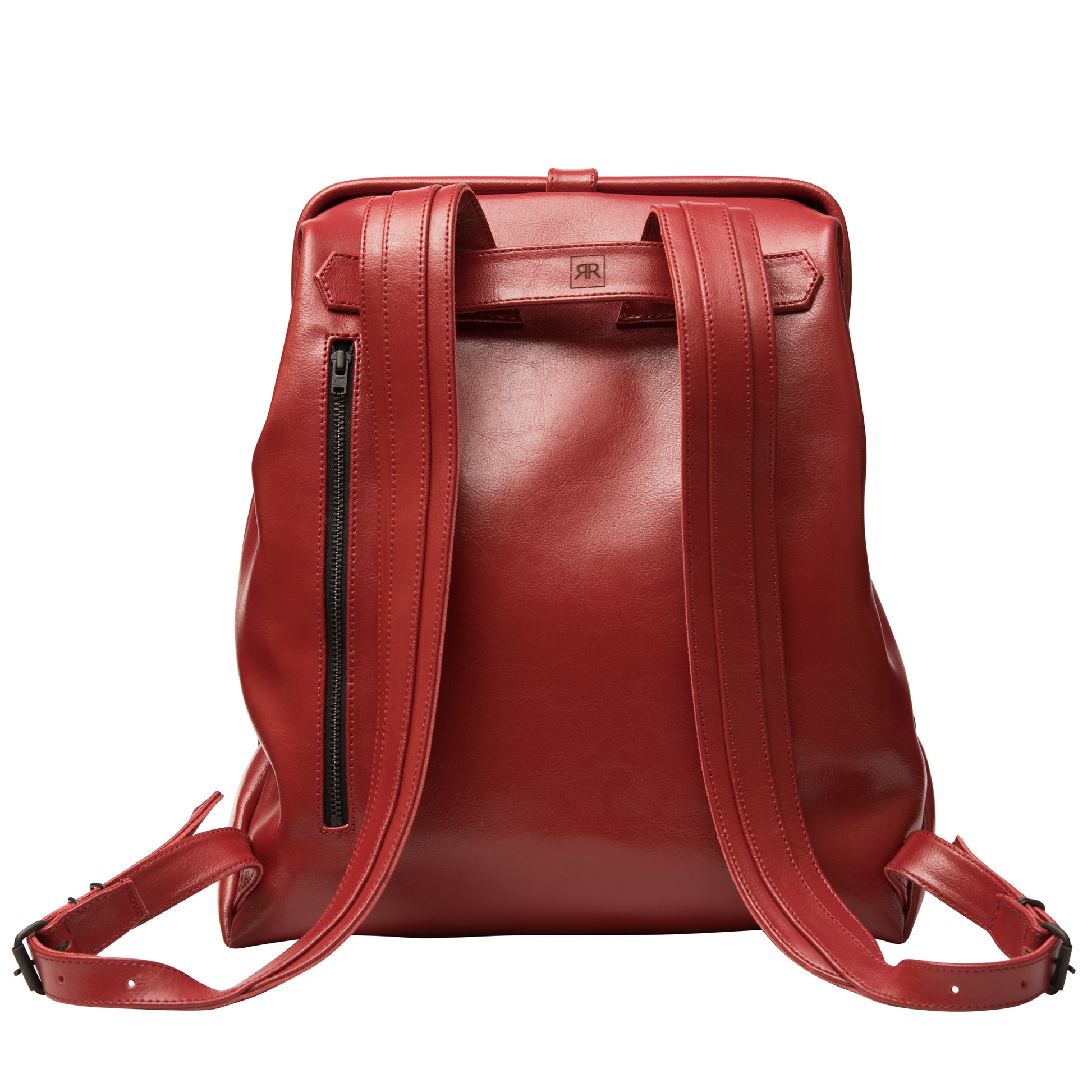 Red leather backpack with adjustable straps and zip pocket, vintage doctor bag design, structured for USMIH Grid lifestyle.