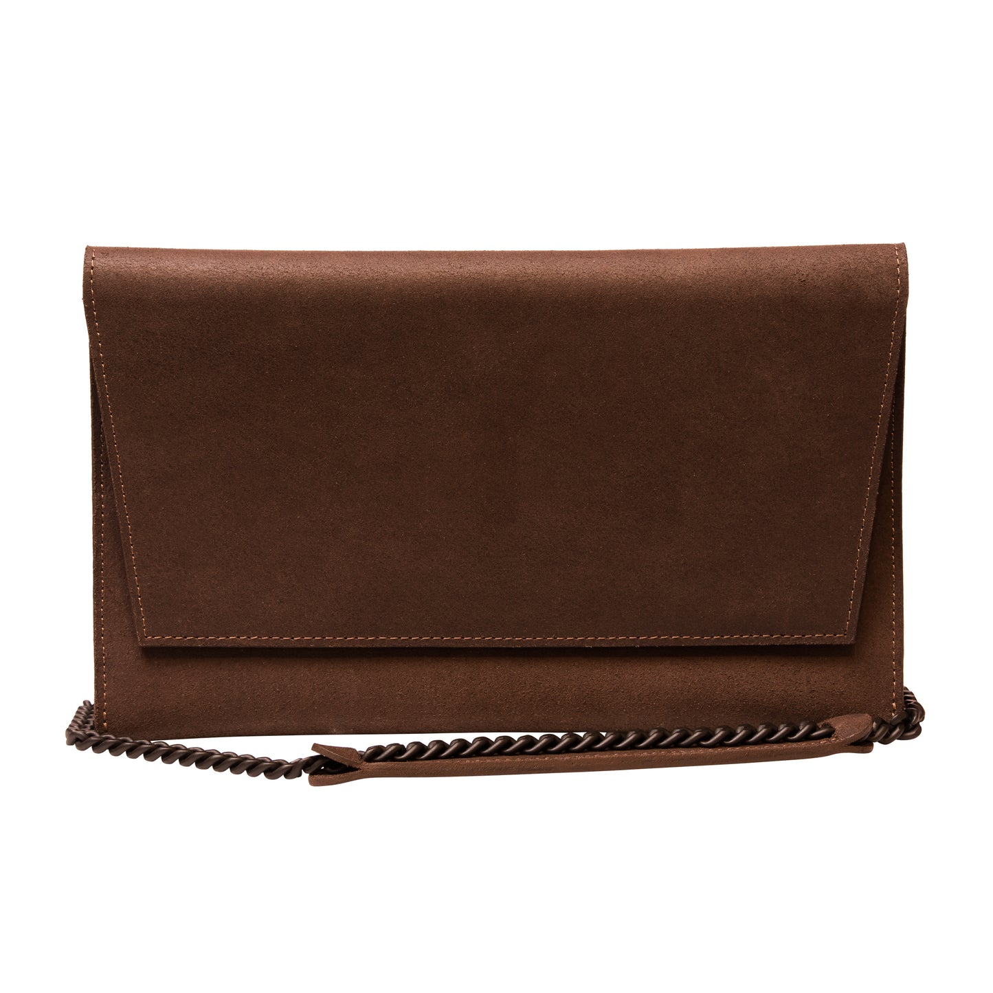 Brown leather clutch bag with black chain strap and flap front closure, suitable for elegant occasions.