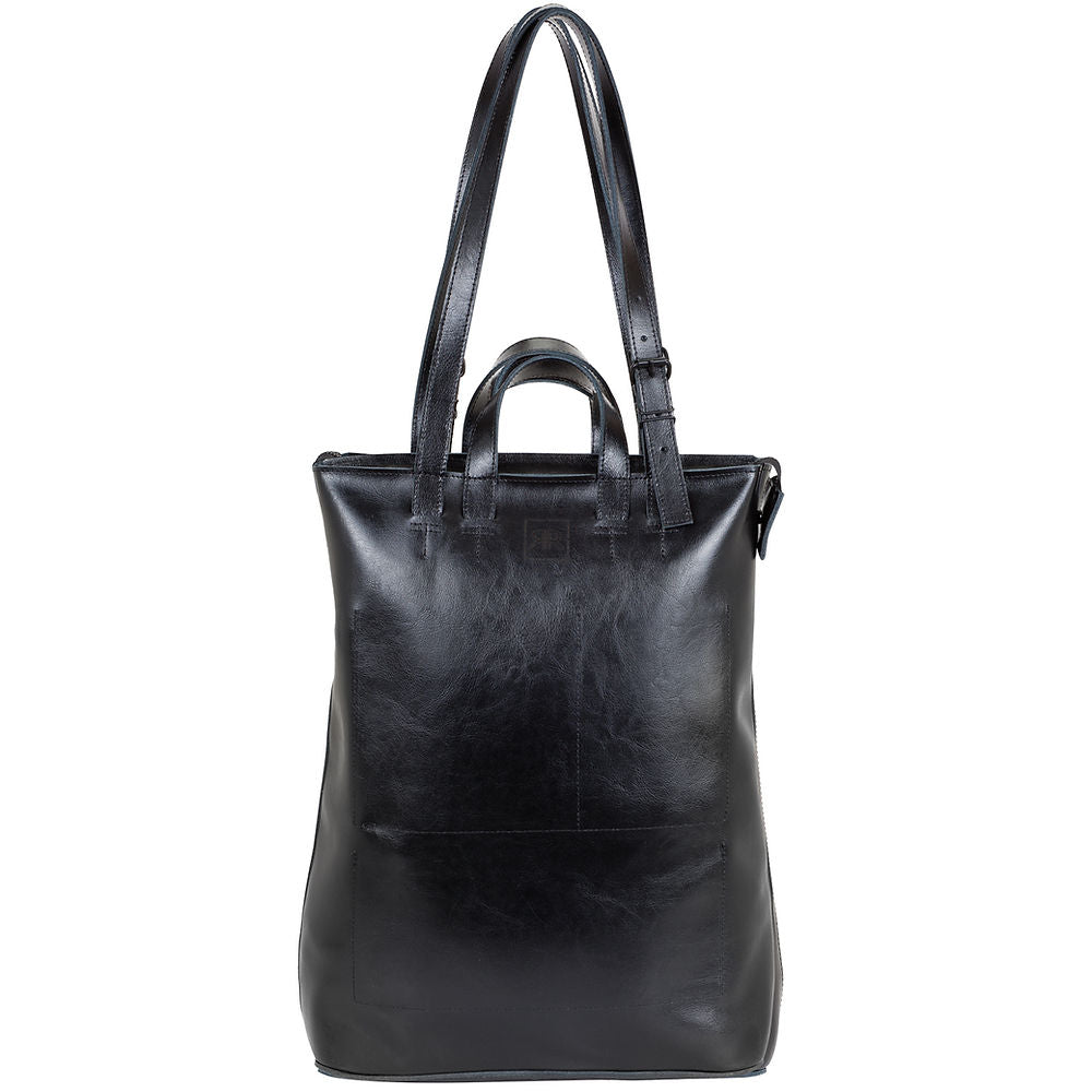 Handmade structured tote bag in black leather with USMIH Grid design, featuring top handles and adjustable shoulder strap.