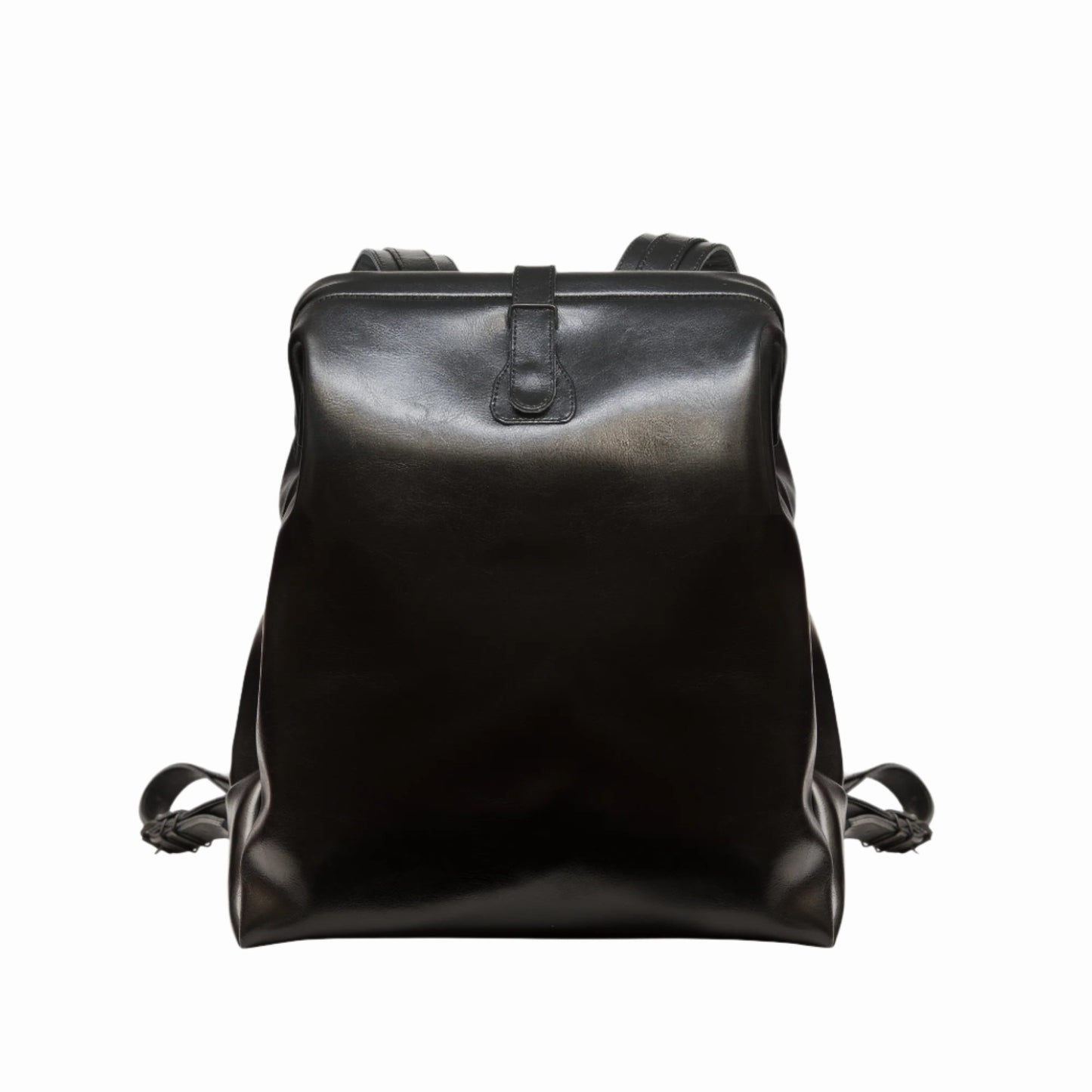 Black leather backpack inspired by vintage doctor bag design with USMIH Grid, featuring adjustable straps and a grab handle.