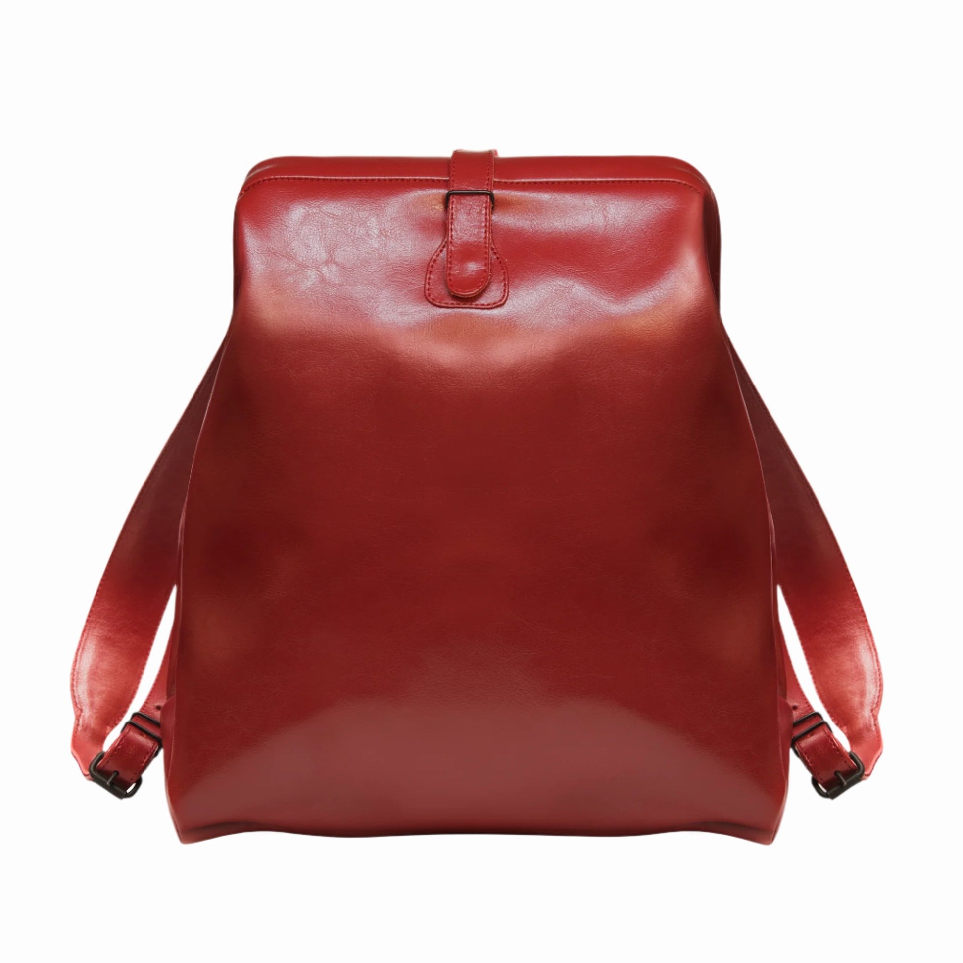 Red leather backpack inspired by vintage doctor bag, featuring sleek design and USMIH Grid keyword for urban style.