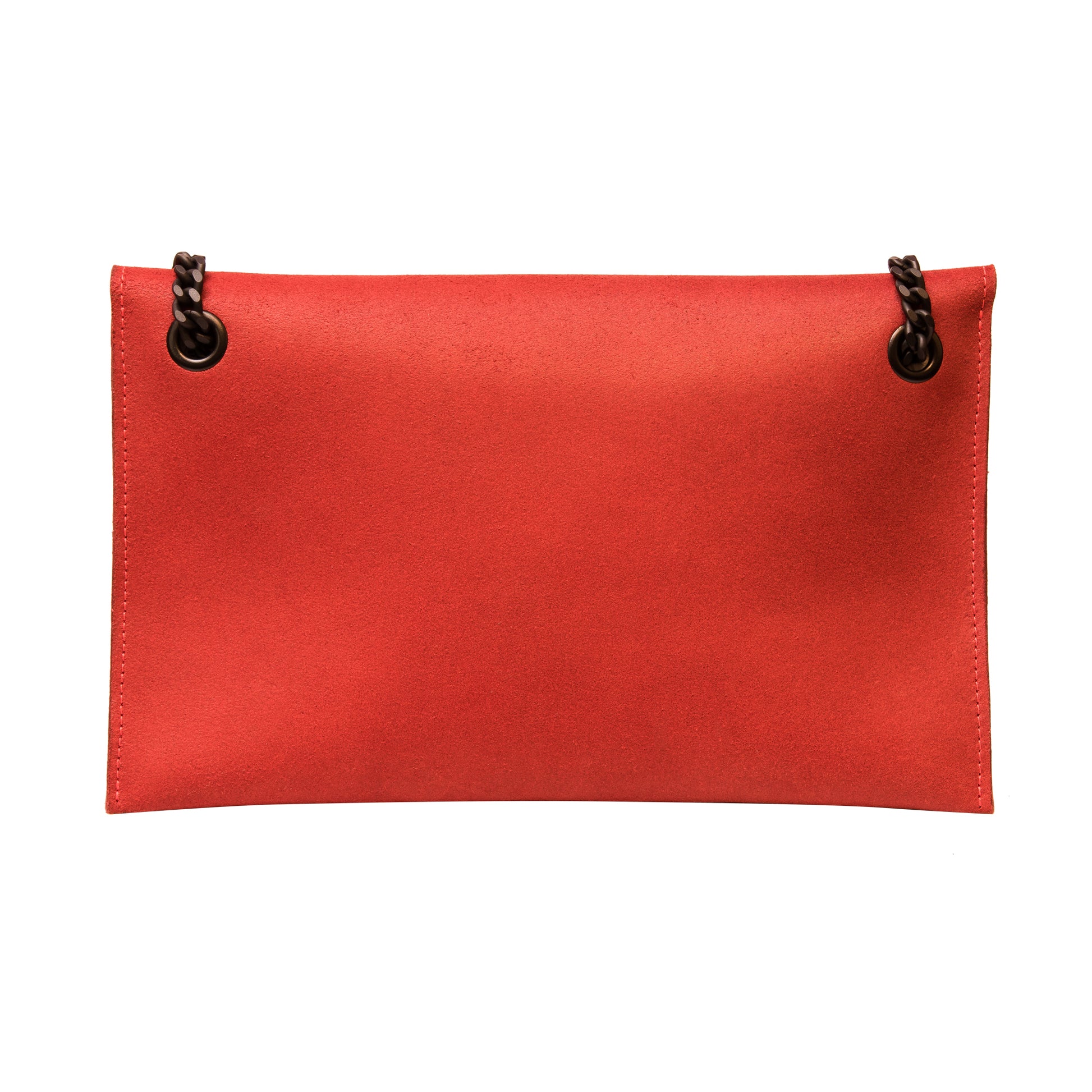 Red leather shoulder bag with black matte chain strap, USMIH Grid, handmade in Latvia, classic design, back view.