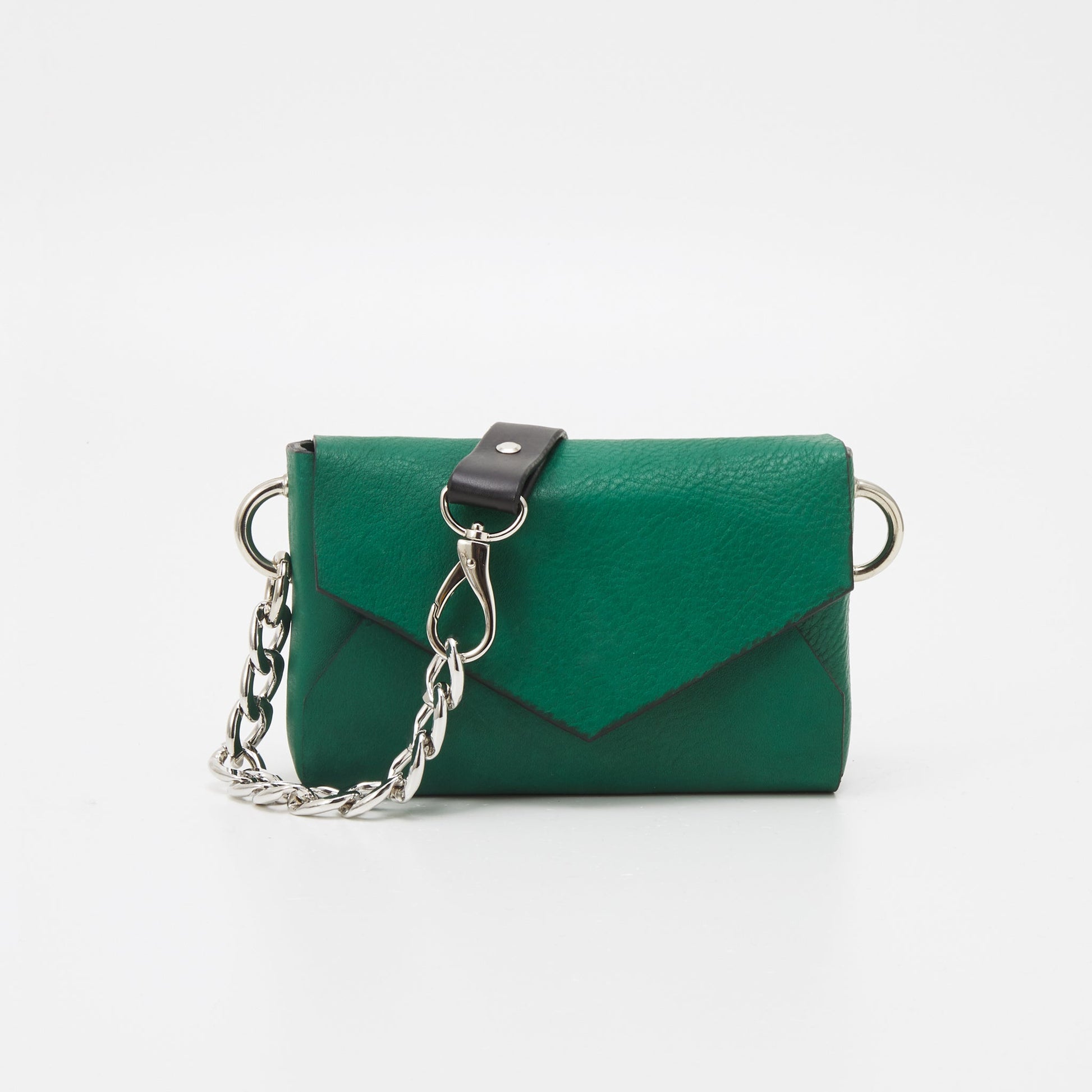 Handmade green leather envelope bag with chain strap, available on USMIH Grid. Buy with card or cryptocurrency. Popular online marketplace.