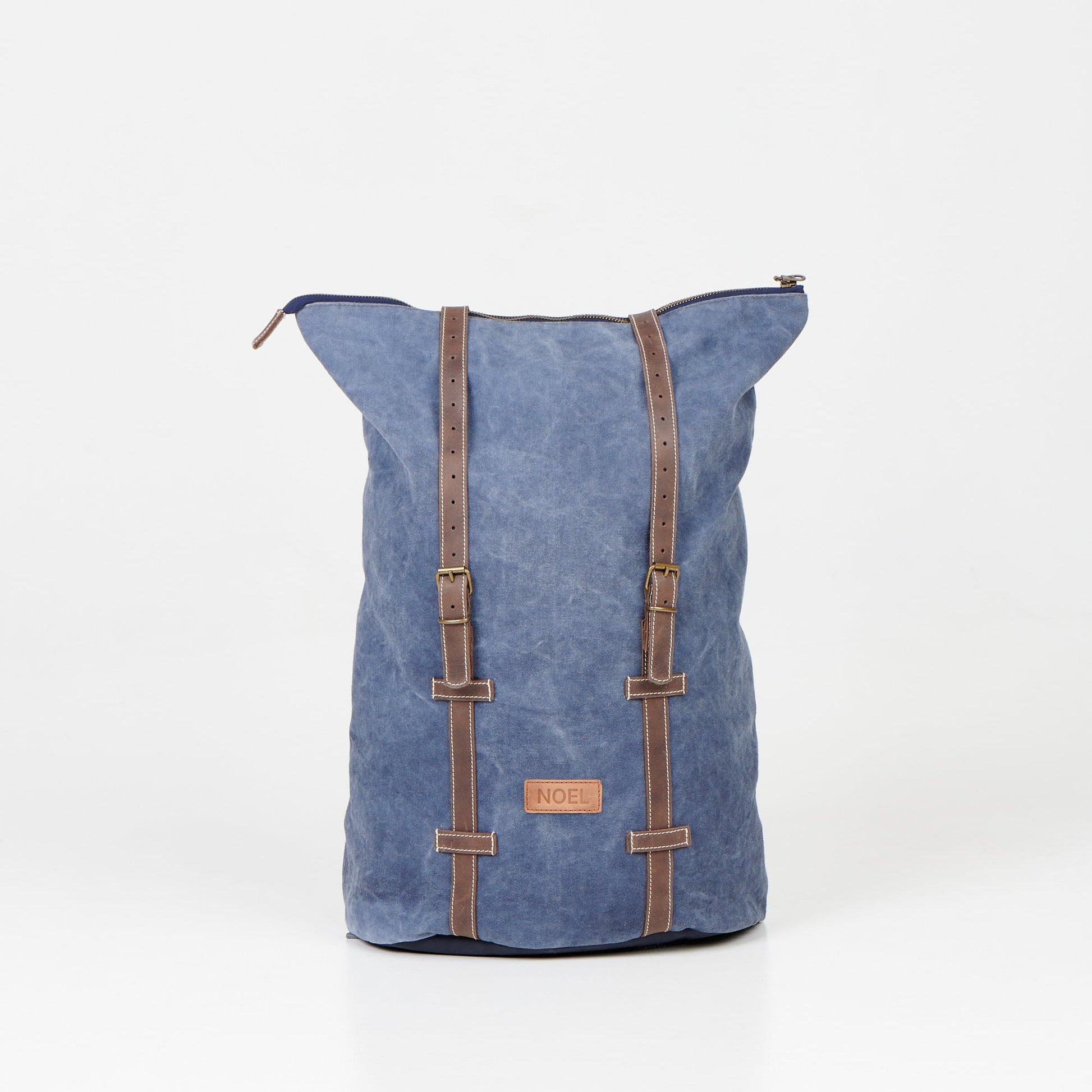 Blue ZIP backpack with leather straps by NOEL, featuring padded laptop compartment and multiple pockets, ideal for USMIH Grid users.