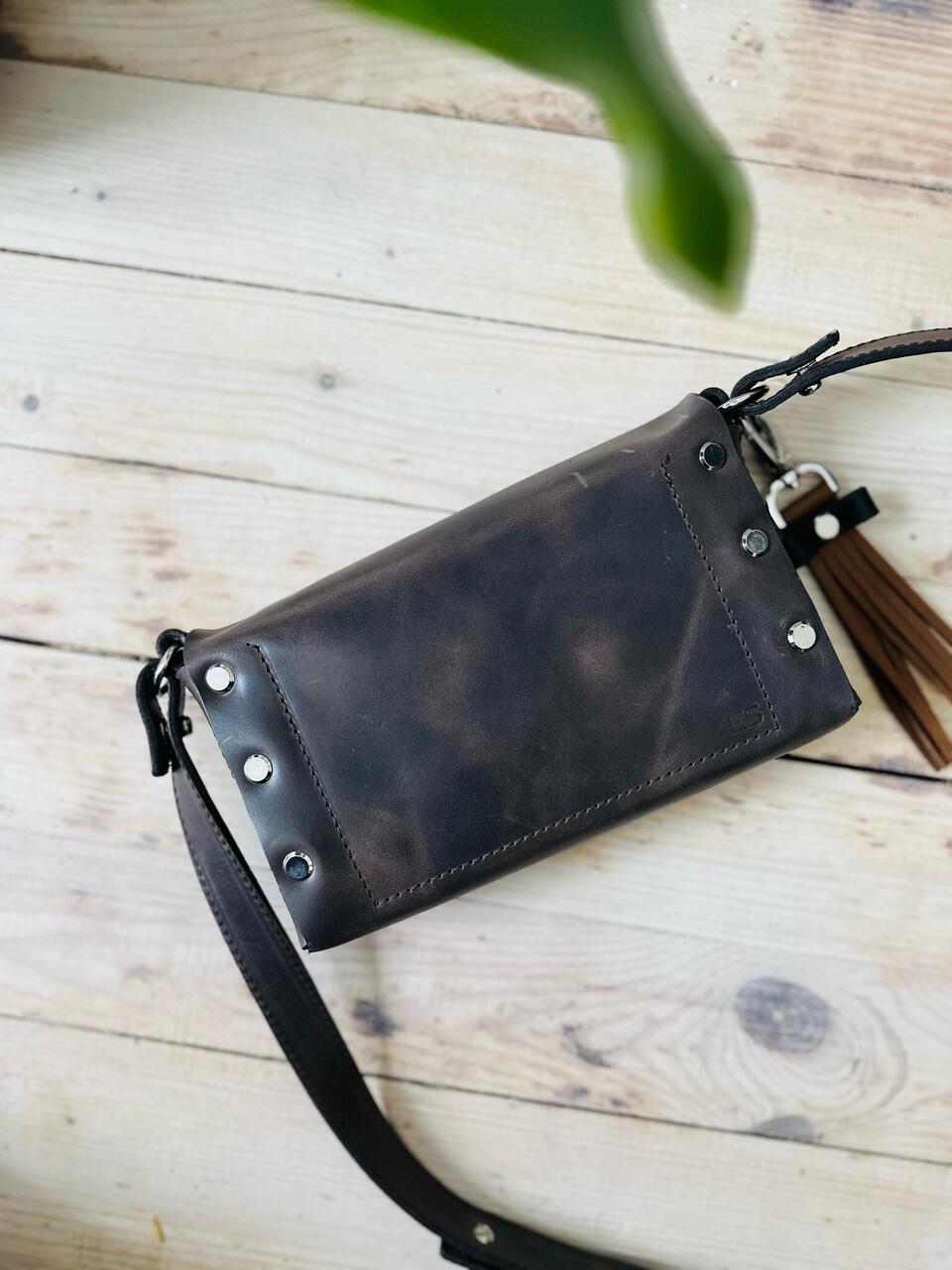 Crossbody Leather Bag KOKUKA in brown, versatile and stylish, perfect gift idea, available at USMIH Buy USMIH with crypto payment options.