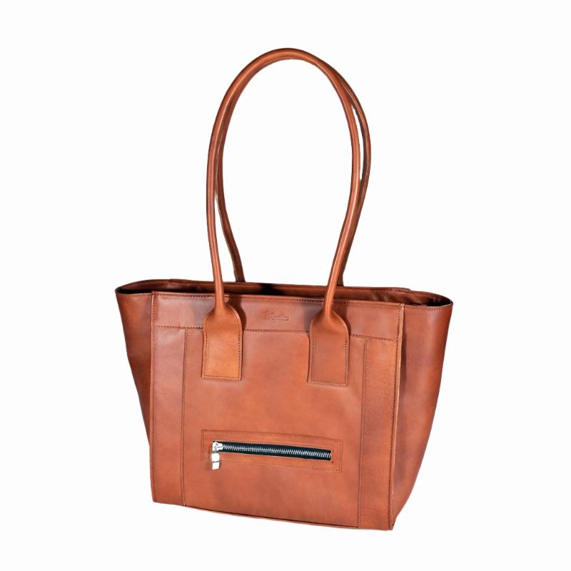 Cognac leather handbag No. 35-29 with front zipper pocket and long handles, crafted from natural Estonian leather, featuring reinforced base.