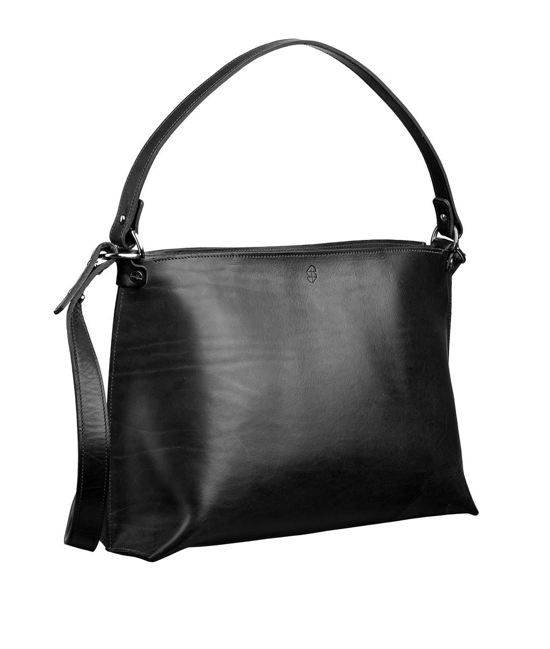 Black leather shoulder handbag with adjustable strap, available online from USMIH Grid. Purchase with Bitcoin or altcoins.