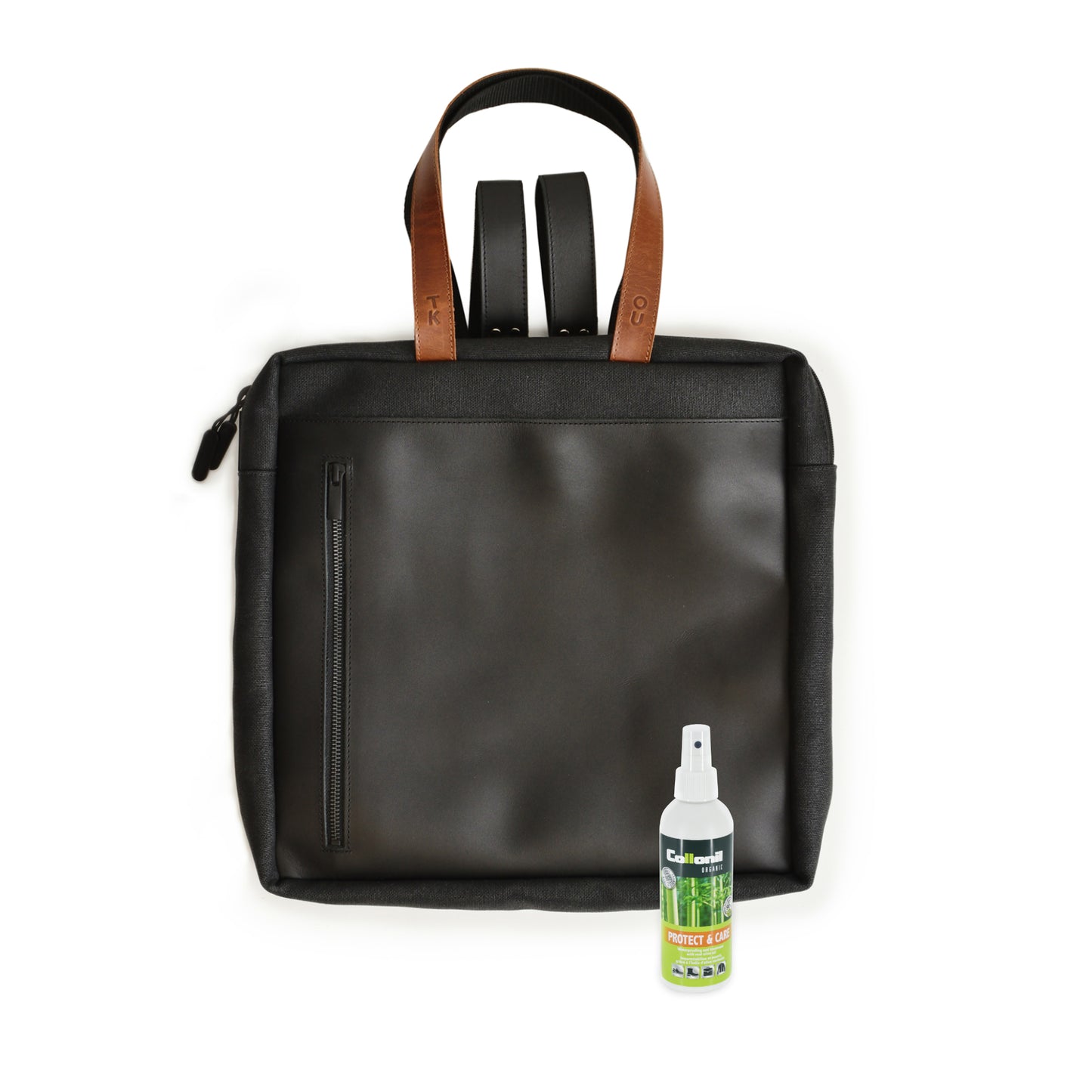 Black Stockholm backpack with leather details and a bottle of spray, showcased on USMIH Grid, available for card and cryptocurrency payments.