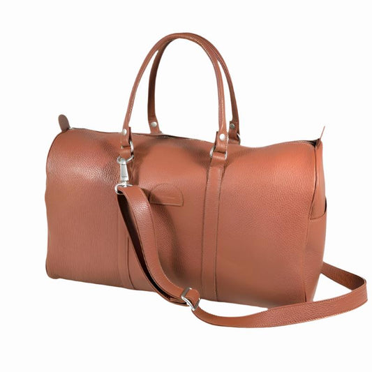 Light brown leather travel bag 20L with handles and a detachable shoulder strap on white background.